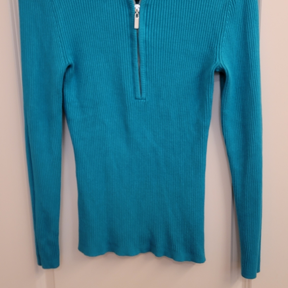 Boston Proper Teal Ribbed Zip-Up Sweater